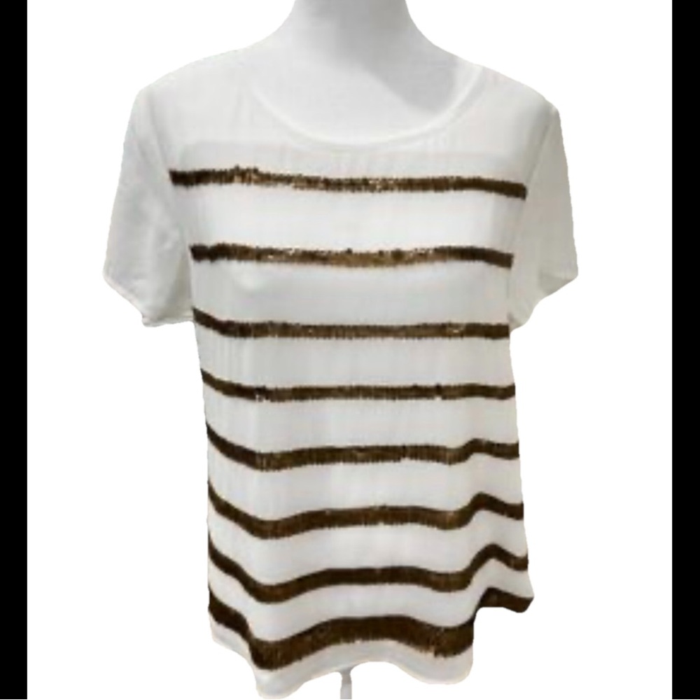 Kut from the Kloth White Top w Bronze Gold sequins short sleeve blouse, size M